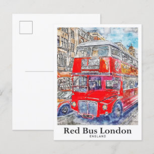Cartão Postal Red Bus London Art Watercolor Hand Drawn