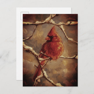 Cartão Postal Red Cardinal Bird Oil Painting – Winter Branch