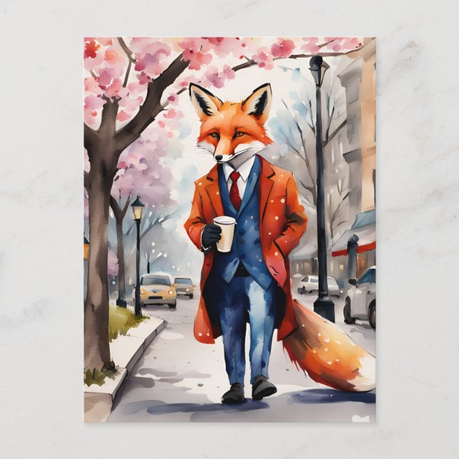 Cartão Postal Red Fox Morning Coffee Walk na Cidade de Primavera (Frente)