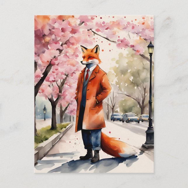 Cartão Postal Red Fox Morning Walk na Cidade de Primavera (Frente)