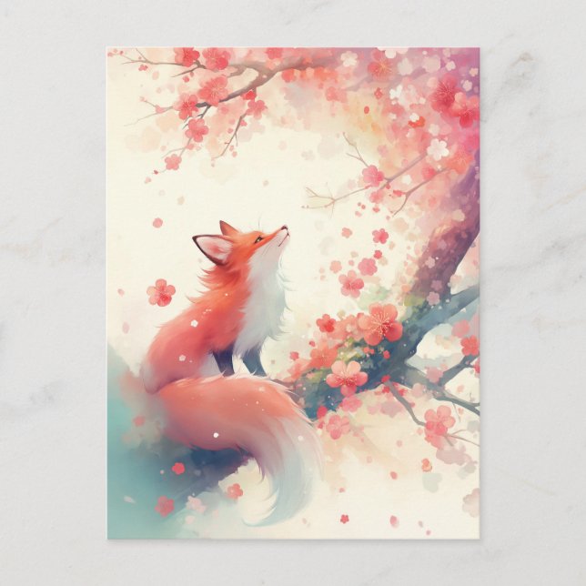 Cartão Postal Red Fox Under Pink Cherry Blossom (Frente)
