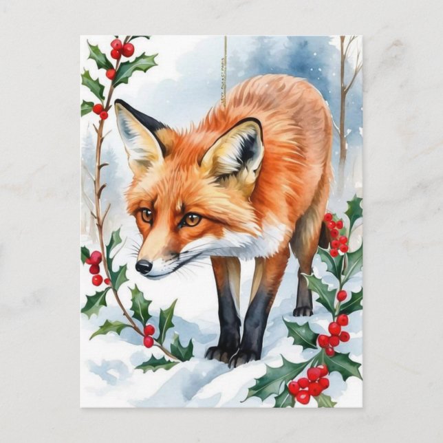 Cartão Postal Red Fox Watercolor Natal (Frente)