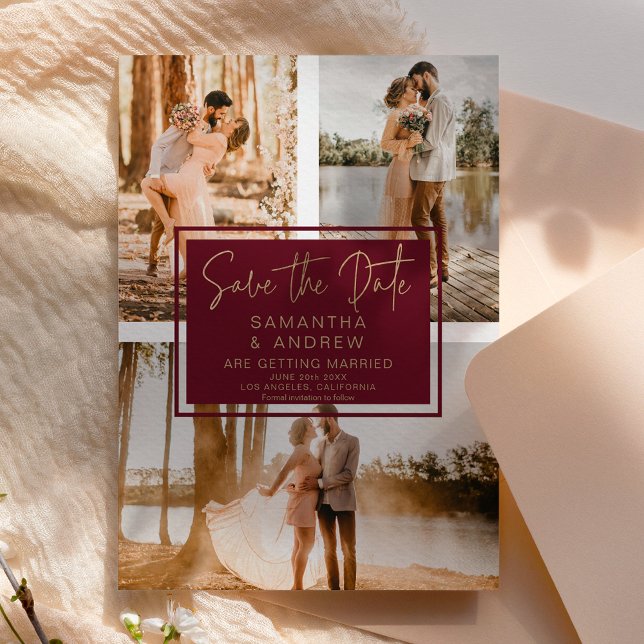 Cartão Postal Red gold save the date 3 photo grid collage (Criador carregado)