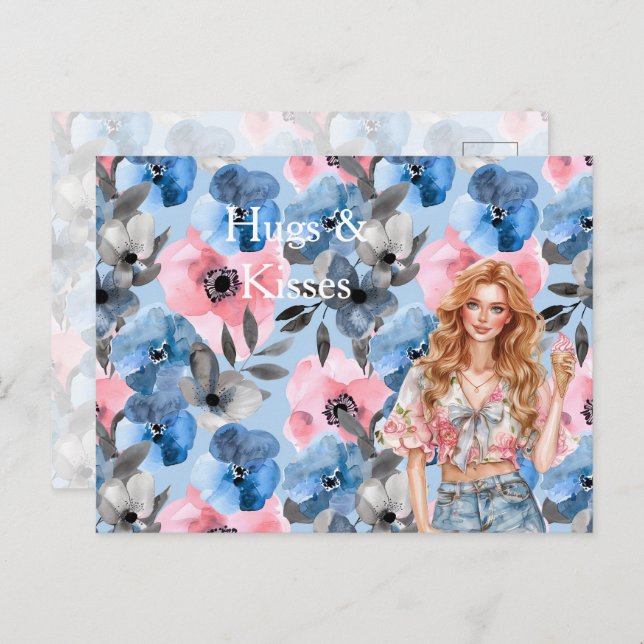 Cartão Postal Red Hair Girl Ice Cream Blue Floral Hugs Kisses (Frente/Verso)