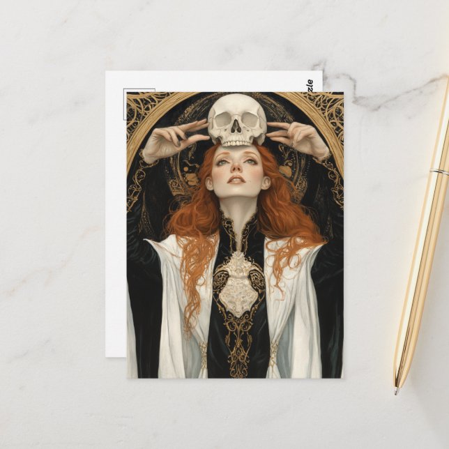 Cartão Postal Red haired Goddess Woman With a Skull (Frente/Verso In Situ)