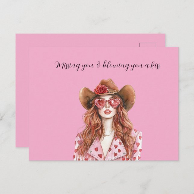 Cartão Postal Red Head Lady Cowgirl Hearts Blowing You A Kiss (Frente/Verso)