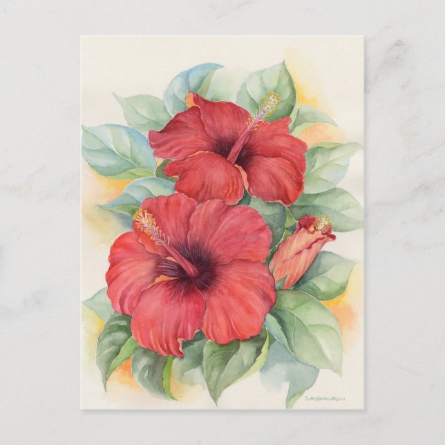 Cartão Postal Red Hibiscus Floral Tropical Watercolor Art (Frente)