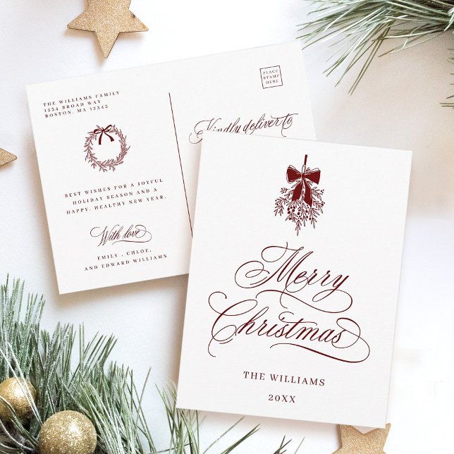 Cartão Postal Red Holly Berry Buquê Romântico Feliz Natal (Front & Back)