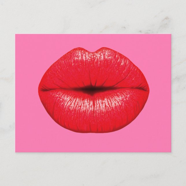 Cartão Postal Red Lipstick — lábios grandes de pop-arte em rosa- (Frente)
