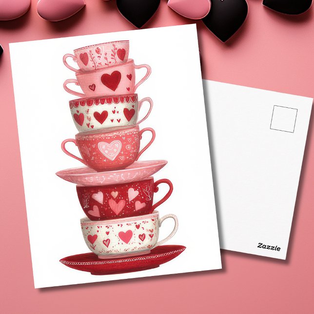Cartão Postal Red Pink Heart Mugs Valentine`s Day Card  (Criador carregado)