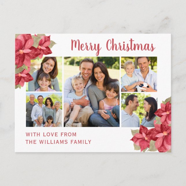 Cartão Postal Red Poinsettia Watercolor Feliz Natal (Frente)