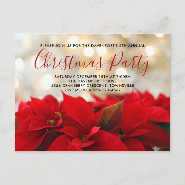 Cartão Postal Red Poinsettias com Ouro Bokeh Christmas Invite (Frente)
