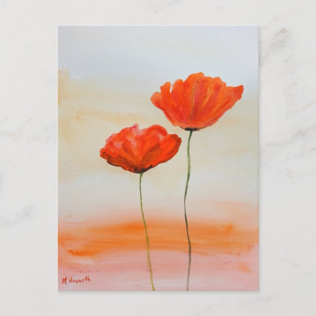 Cartão Postal Red Poppies flores aquarela papoila rústica (Frente)