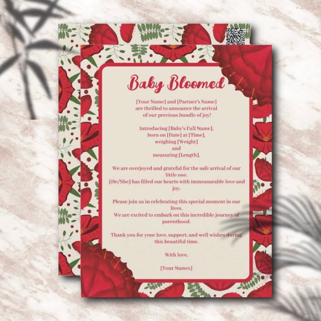 Cartão Postal Red Poppy Baby Bloomed Birth Anúncio (Criador carregado)