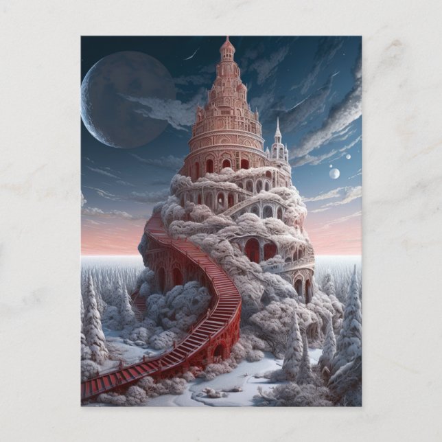 Cartão Postal Red Tower Winter Landscape Fantasia Art (Frente)