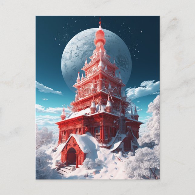 Cartão Postal Red Tower Winter Landscape Fantasia Art (Frente)