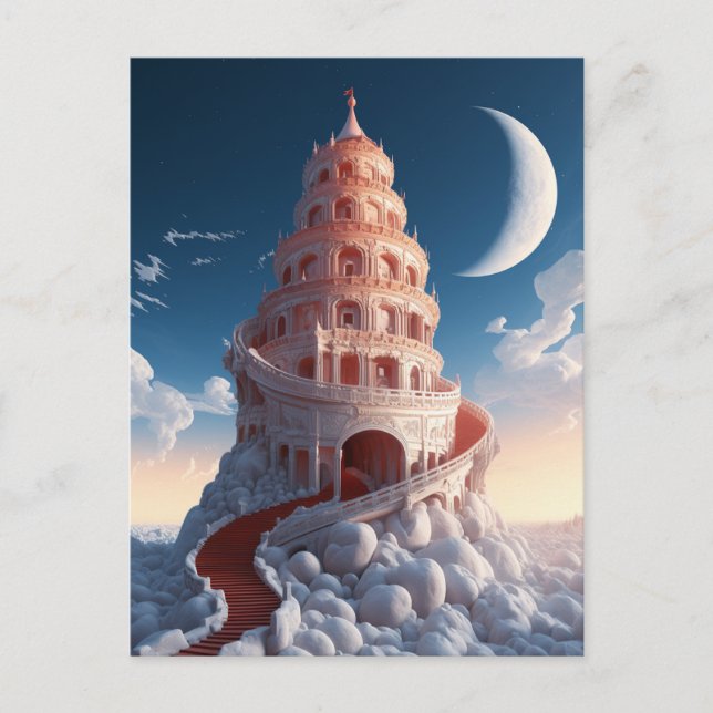 Cartão Postal Red Tower Winter Landscape Fantasia Art (Frente)