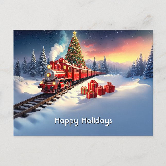 Cartão Postal Red Train Christmas Tree Holiday Postcard (Frente)