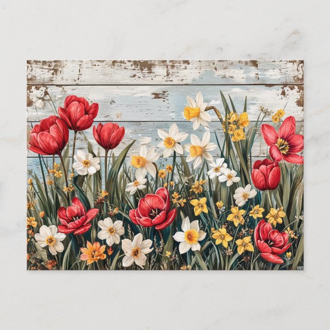 Cartão Postal Red Tulips and Daffofils on Blue Wood (Frente)