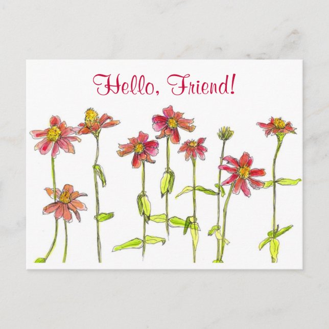 Cartão Postal Red Zinnia Watercolor Flower Hello Friel (Frente)