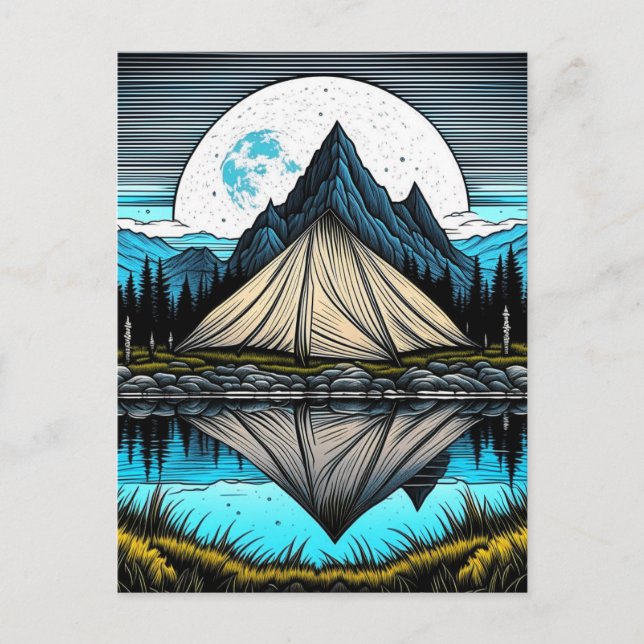 Cartão Postal Reflexão de uma tenda no lago das montanhas (Frente)