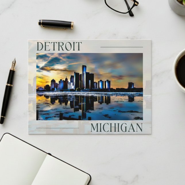 Cartão Postal Reflexões do Sunset: Cartão-postal do Skyline Detr (Sunset Reflections: Detroit Skyline Postcard)