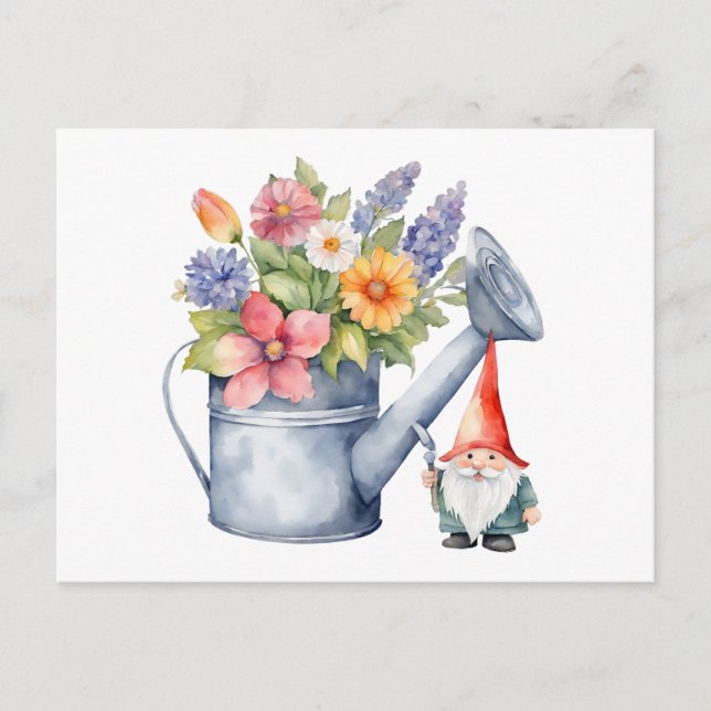 Cartão Postal Regador com Flores e Gnome de Jardim  (Frente)