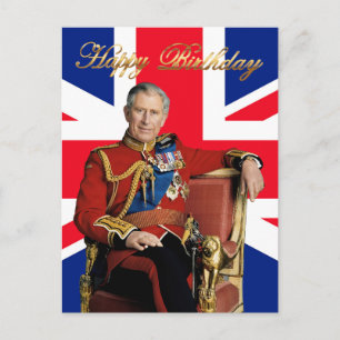 Cartão Postal Rei Charles III com a bandeira britânica Feliz Ani