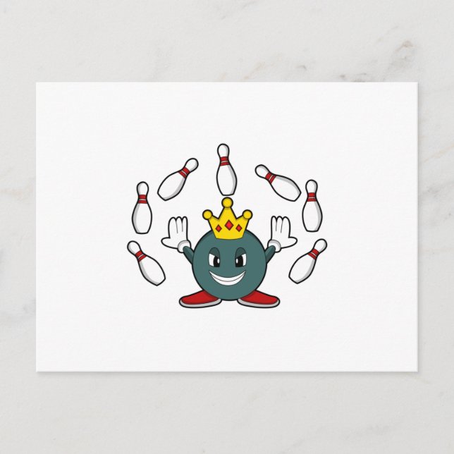 Cartão Postal Rei no boliche com pinos de boliche (Frente)