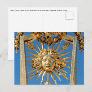 Cartão Postal Rei Sol no portão dourado do castelo de Versalhes