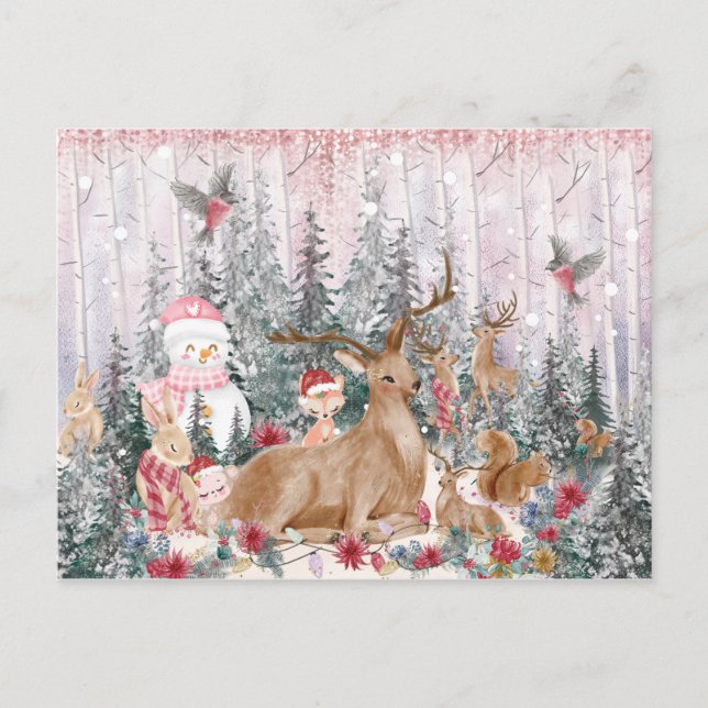 Cartão Postal Reindeer de Aquarela Rosa, Snowman Feliz Natal (Frente)