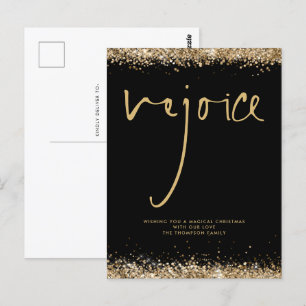 Cartão Postal Rejoice Script Dourado Glitter Black Name Natal