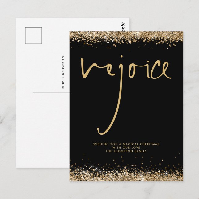 Cartão Postal Rejoice Script Dourado Glitter Black Name Natal (Frente/Verso)