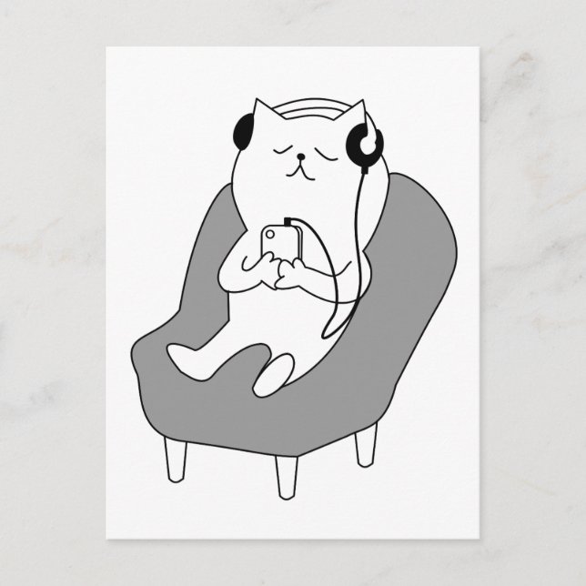 Cartão Postal Relaxando Cat Ouvindo Música em Fones de ouvido (Frente)