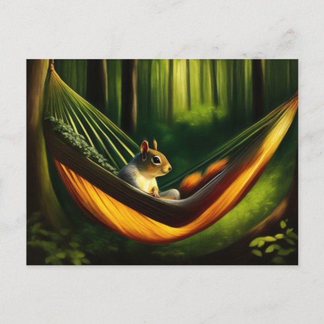 Cartão Postal Relaxante de esquilo em uma Hammock na Floresta (Frente)
