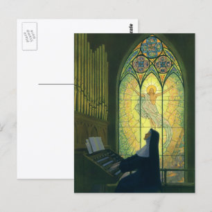 Cartão Postal Religião Vintage, freira tocando um órgão na Ig