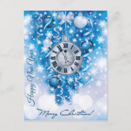 Cartão Postal Relógio de Ano Novo Azul Branco Feliz Natal