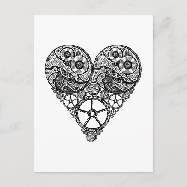 Cartão Postal Relógio Steampunk funciona e coração de engrenagen (Frente)