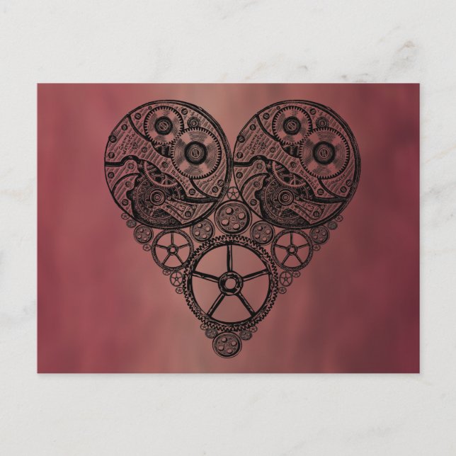 Cartão Postal Relógio Steampunk funciona e coração de engrenagen (Frente)