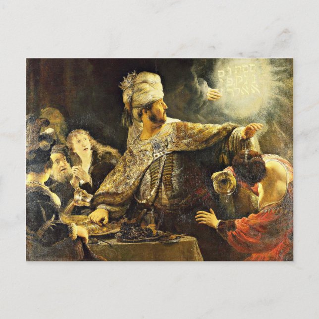 Cartão Postal Rembrandt - Banquete de Belshazzar, pintura religi (Frente)