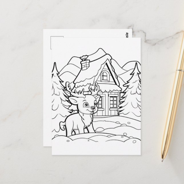 Cartão Postal Rena de Natal festiva para colorir crianças (Frente/Verso In Situ)