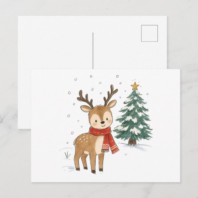 Cartão Postal Rena de Natal Fofo com Cachecol Vermelho (Frente/Verso)