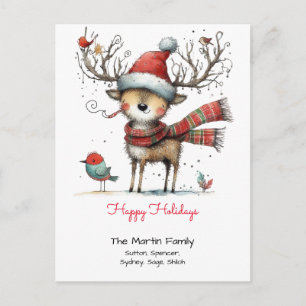 Cartão Postal Renas caprichosas em um chapéu de Papai Noel Feliz