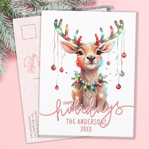 Cartão Postal Renas Coloridas e Fantasiosas e Luzes de Natal