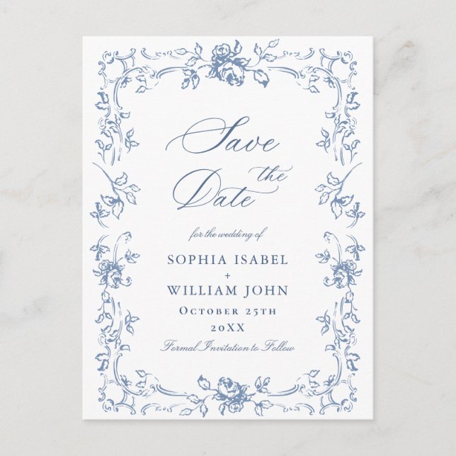 Cartão Postal Renascença Ornato Floral Casamento Salve a Data (Frente)