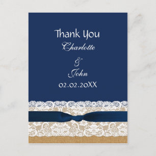 Cartão Postal renda de burlap, casamento rústico Obrigado