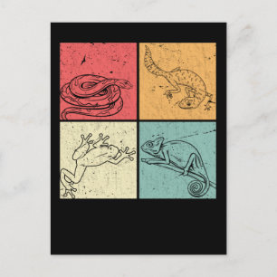 Cartão Postal Répteis Retro Cobra Lagartixa Sapo Camaleão