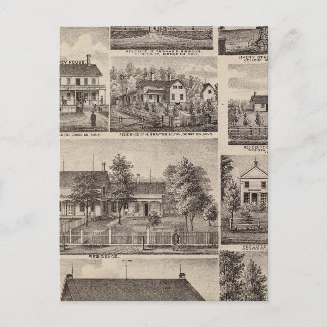 Cartão Postal Residências e edifícios de Fazendas, Owatonna, Min (Frente)