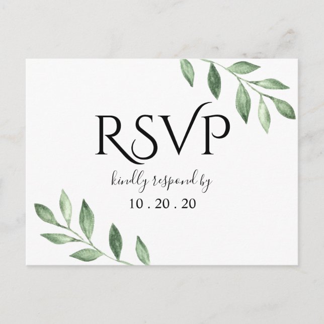 Cartão Postal Resposta de Casamento Aquarela Botânica Verde Oliv (Frente)