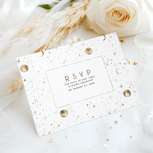 Cartão Postal Resposta de Casamento Branco e Dourado Noite Estre (Celestial Wedding Rsvp Card)
